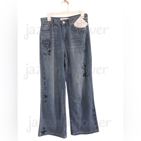 Playboy blue sinner lover‎ butterfly rose playboy bunny embroidered jeans size 7 - Picture 12 of 16